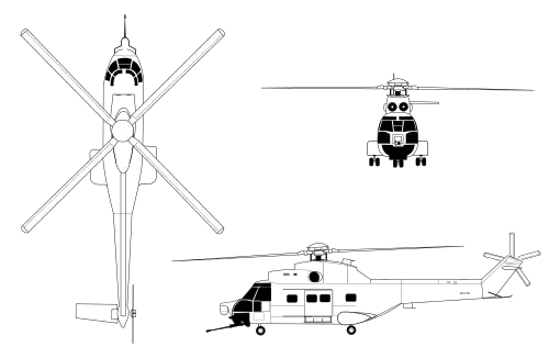 Orthographically projected diagram of the SA330 Puma Line Drawing