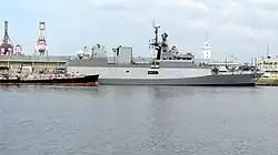 A side view of the Kadmatt of the Indian Navy at the Manila South Harbor, Philippines.