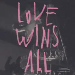 A black-and-white photograph of a chandelier with cobwebs on it with "Love Wins All" written over it in pink handwriting
