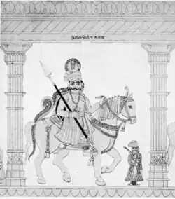 Illustration of Gogaji, based on a rock sculpture at Mandore, published in Annals and Antiquities of Rajasthan (vol. II)