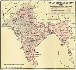 The British Raj in 1915 after the reunification of Bengal, the creation of the new province of Bihar and Orissa, and the re-establishment of Assam.