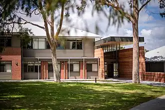 Front view of the school's campus.