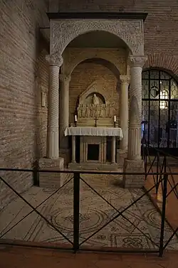 Canopy with twisted column shafts and remains of the original mosaic floor