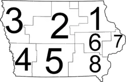 A map of Iowa with the eight judicial districts superimposed upon the state.