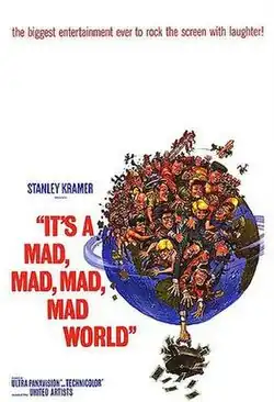 In a white background, a crowd of 100 people behind the earth are chasing a man who is holding a bag of cash, with the film's title in red. The film's top tagline above reads: "the biggest entertainment ever to rock the screen with laughter".