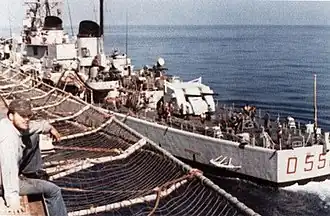 Impetuoso coming alongside USS Kalamazoo in the Mediterranean Sea in June 1977.