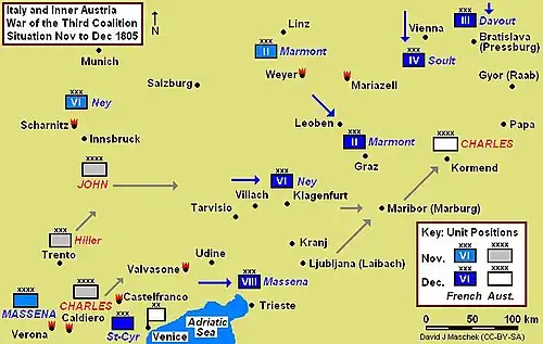 Italy and Inner Austria Map 1805, showing positions from early November to December