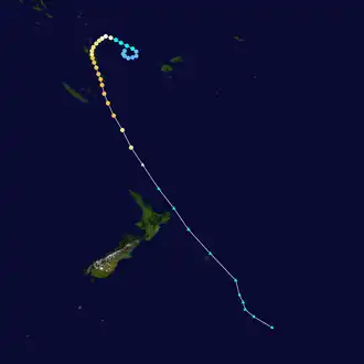 Ivy formed in the upper center of the map and completed a loop before curving towards the southeast and becoming extratropical near New Zealand.