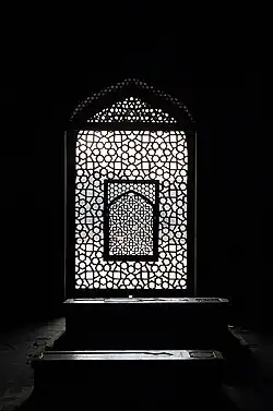 A jali mihrab indicates the qibla direction while one stands inside Humayun's cenotaph's chamber and looks to the west.