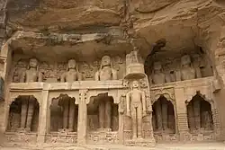 Jainism-related cave monuments and statues carved into the rock face inside Siddhachal Caves, Gwalior Fort.