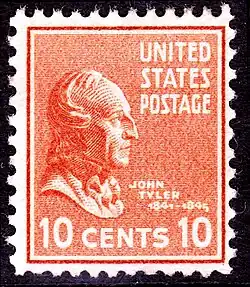 Historical ten-cent stamp with Tyler's profile.