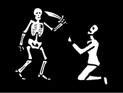 Another of Levasseur's pirate flags, described as “A black flag in which is represented a corpse which holds in one hand a saber which he holds raised, at his feet a man on his knees.”[13]