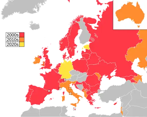 Map of countries in Europe, North Africa and Western Asia, with Australia as an insert in the top-right corner, coloured to indicate the decade in which they first participated in the contest: 2000s in red, 2010s in orange, 2020s in yellow