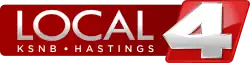 On a red rectangle, two lines of text: a large word "LOCAL" and beneath "K S N B • Hastings". On the right side, laid atop a slanted parallelogram in red, is a white 4.