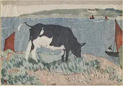 Colour print of a cow grazing by the waterside