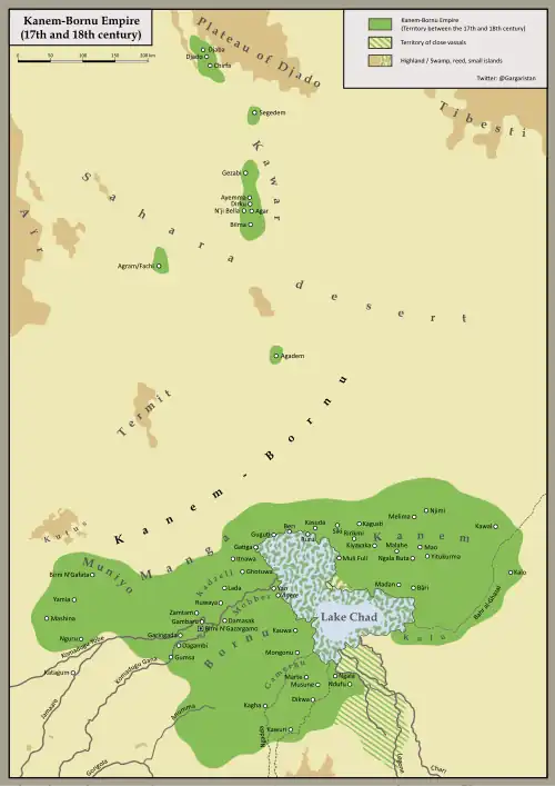 Historical map showing in green the territorial extent of the Kanem–Bornu Empire in the 18th century, covering areas around Lake Chad, including parts of present-day Nigeria, Niger, Chad, and Cameroon.