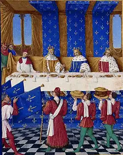 A banquet hosted by Charles V of France in honour of Charles IV, Holy Roman Emperor in the Great Hall (1378)