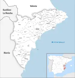 Map of the province of Alicante with its municipalities