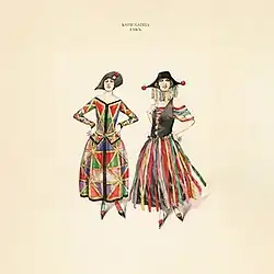 A drawing of two women in colorful clothing