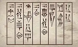 King Dudu of Agade, complete alabaster vase inscription (transcription in standard Sumero-Akkadian cuneiform): "Dudu, the Great king of Akkad, for Nergal of Apiak has dedicated this".[13]