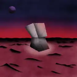 A grey monument on the surface of a planet, with a purple moon in the sky behind it