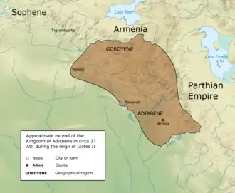 The Kingdom of Adiabene in c. 37 AD at its greatest extent, during the reign of Izates II