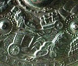 Horse chariots during the Kofun period. Detail of bronze mirror (5th–6th century). Eta-Funayama Tumulus, Kumamoto.