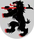 Arms of Kontiolahti featuring a bear (Finnish: karhu or kontio), carrying a log driving pike pole referring to the importance of forestry in the region's economy[5]