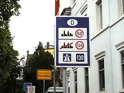 Image 19Speed limits in different areas; here unusually with only a "recommended" limit (Richtgeschwindigkeit) of 130 km/h on the Autobahn in Germany (from Road safety)
