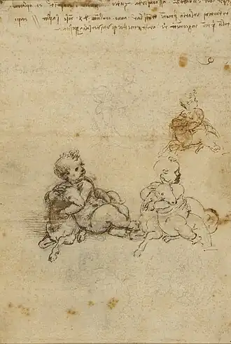 A series of virtually identical drawings, each depicting a child playing with a lamb.