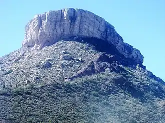 Indian Mesa at Lake Pleasant Regional Park in Arizona. On top of the Mesa are the ruins of a village built by the Hohokam Puebloans about 1000 years ago.[9]