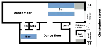 A color digital illustration of the station layout of the Stonewall Inn in 1969: a rectangular building with the front along Christopher Street; the entrance opens to a lobby where patrons could go to the larger part of the bar to the right that also featured a larger dance floor. From that room was an entrance to a smaller room with a smaller dance floor and smaller bar. The toilets are located near the rear of the building