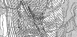 Lead Geologic Map. Note the locations of the Ellison, Old Abe, Highland, Deadwood Terra, and DeSmet shafts, south to north. The Caledonia Cut is labelled with a "1".[19]: 14 