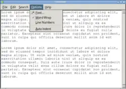 Screenshot of the Leafpad program, showing its graphical user interface and an options dropdown and displaying Lorem ipsum text