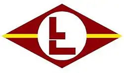 Two L's over-top each other, on white circle in a maroon diamond with a gold stripe