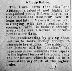 1893 report of a young woman (Lena Aronsohn) in Louisiana set to become "a lady rabbi"