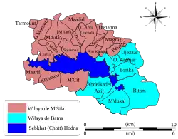 A map of the Hodna region showing the communes of the two provinces