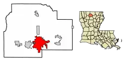 Location of Ruston in Lincoln Parish, Louisiana.