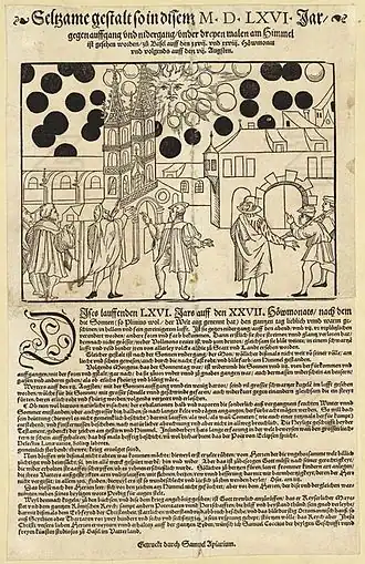 Woodcut showing celestial phenomenon over Basel in 1566