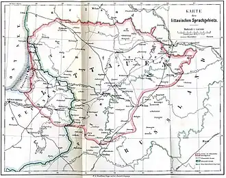 Lithuanian language area (without language islands outside the compact area). A map by Friedrich Kurschat (1876)