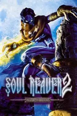 A black-haired blue-skinned vampire with large claws clings to the top of rocky pillar. His body resembles a muscular skeleton and his face is covered with brown cowl loosely wrapped around his neck. Yellow etheral energy envelopes his right hand and forearm.