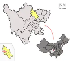 Location of Beichuan County (lower left of the picture with colour of violet) within Mianyang City (yellow) and Sichuan