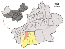 Location of Karakax County (red) within Hotan Prefecture (yellow) and Xinjiang