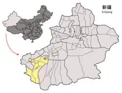 Location of Poskam County (pink) within Kashgar Prefecture (yellow) and Xinjiang