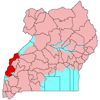 Location of Rwenzururu (red) in Uganda (pink)