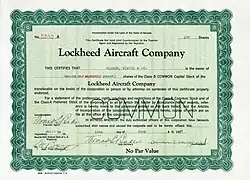 Stock certificate of the Lockheed Aircraft Company for 100 shares, issued June 10, 1929, signed in original by company founder Allan H. Loughead as Vice President
