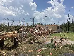 Downed trees and a damaged home