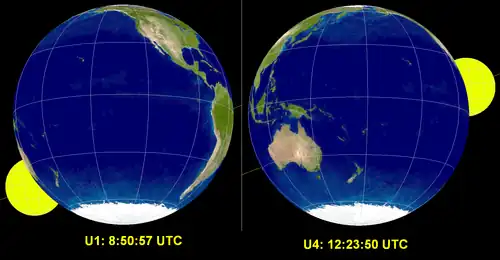 A simulation of the start and end of the August 28, 2007 lunar eclipse, viewed from the center of the Moon.[24]