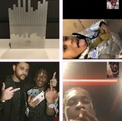 A collage featuring four images. Clockwise: A SoundCloud trophy, Lil Uzi Vert and a girl at a FaceTime, Lil Uzi Vert and Young Thug at a FaceTime, and Lil Uzi Vert meeting The Weeknd