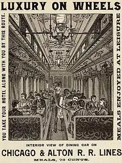 An 1880s print advertisement extolling the virtues of meal service aboard the Chicago and Alton Railroad